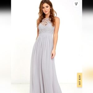 Lulu's So Far Lace Maxi Gown, gray, size S